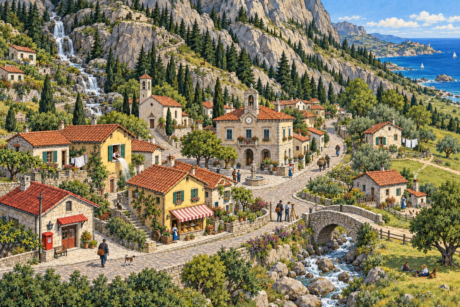 Bellwether nestles below a rocky mountain: the post office at lower left, bakery at the centre of the street, clock-towered town hall behind, and the stone bridge to the right.